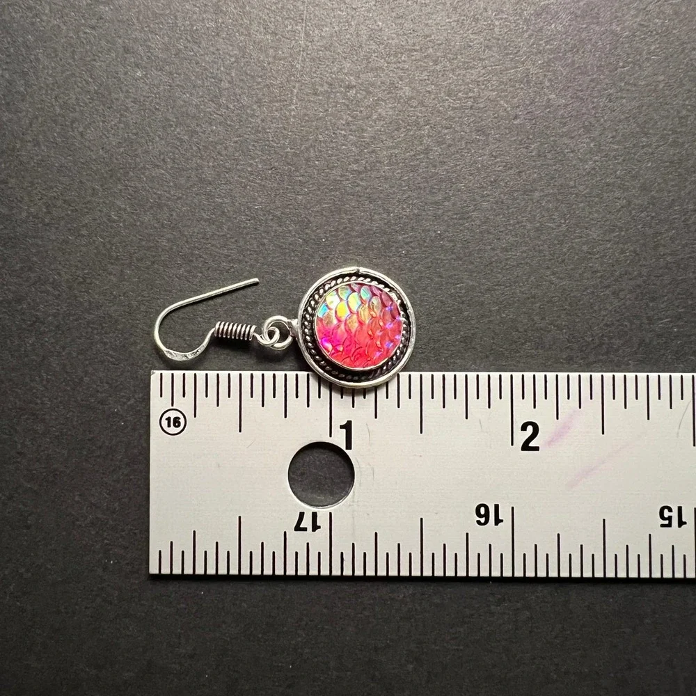 Mermaid‎ Earrings Silver Tone Pink Orange Iridescent Scales Festival